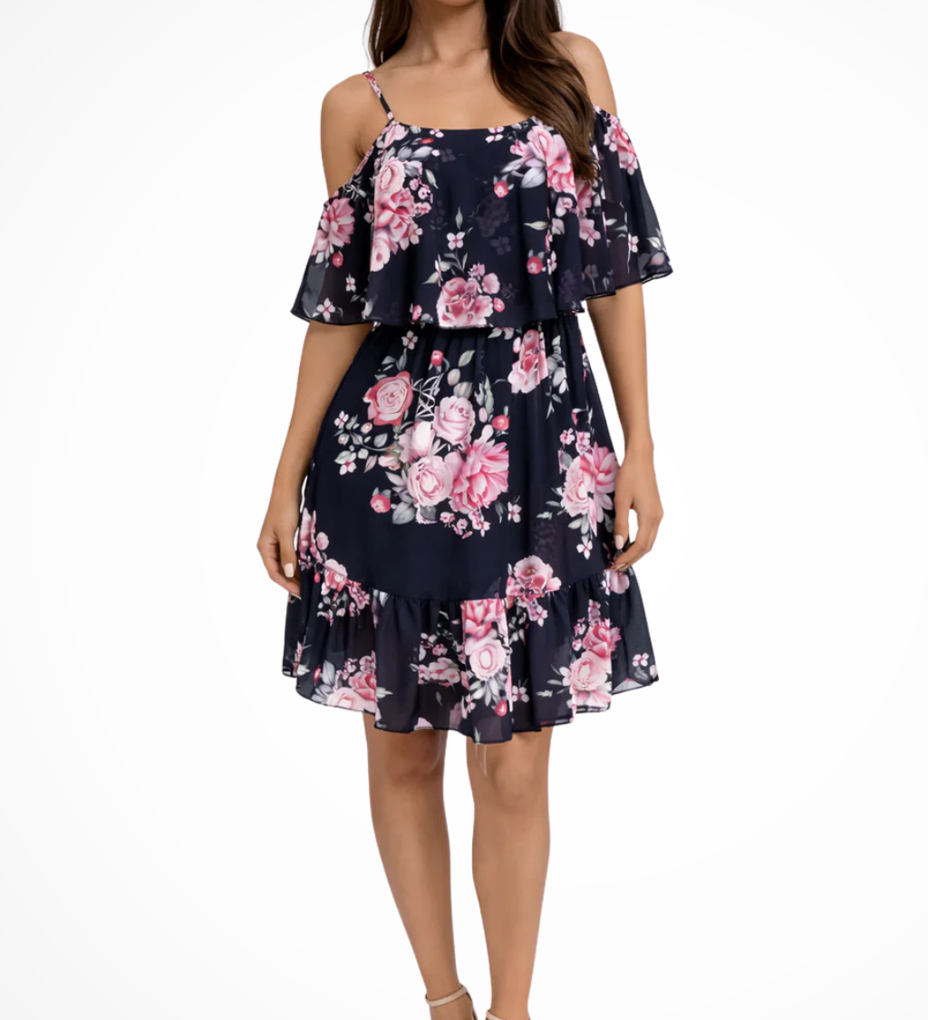 Lila | Sieviešu Off Shoulder Ziedu Šifona Ruffles Mini Boho Kleita