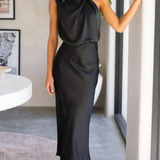 Amelina | Sieviešu Halter Neck Midi Kleita Satīna Kāzu Viesu Kleita