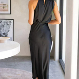 Amelina | Sieviešu Halter Neck Midi Kleita Satīna Kāzu Viesu Kleita
