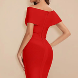 Sorrel | Sieviešu Off Shoulder Twist Front Fitted Kāzu Viesu Midi Kleita