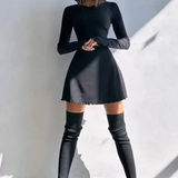 Romy | Sieviešu Garās Piedurknes Ribota Bodycon Mini Kleita ar Viļņotu Apakšmalu