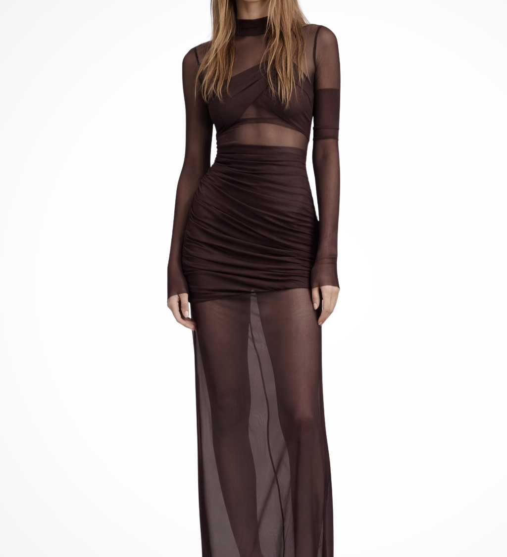 Auryn | Sieviešu Garās Piedurknes Caura Sieta Slāņota Bodycon Kāzu Viesu Maxi Kleita
