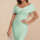 Sorrel | Sieviešu Off Shoulder Twist Front Fitted Kāzu Viesu Midi Kleita