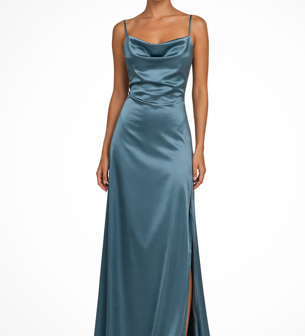 Seraphina | Sieviešu cowl neck slip dārza balles kāzu viesu satīna maxi kleita ar sānu šķēlumu