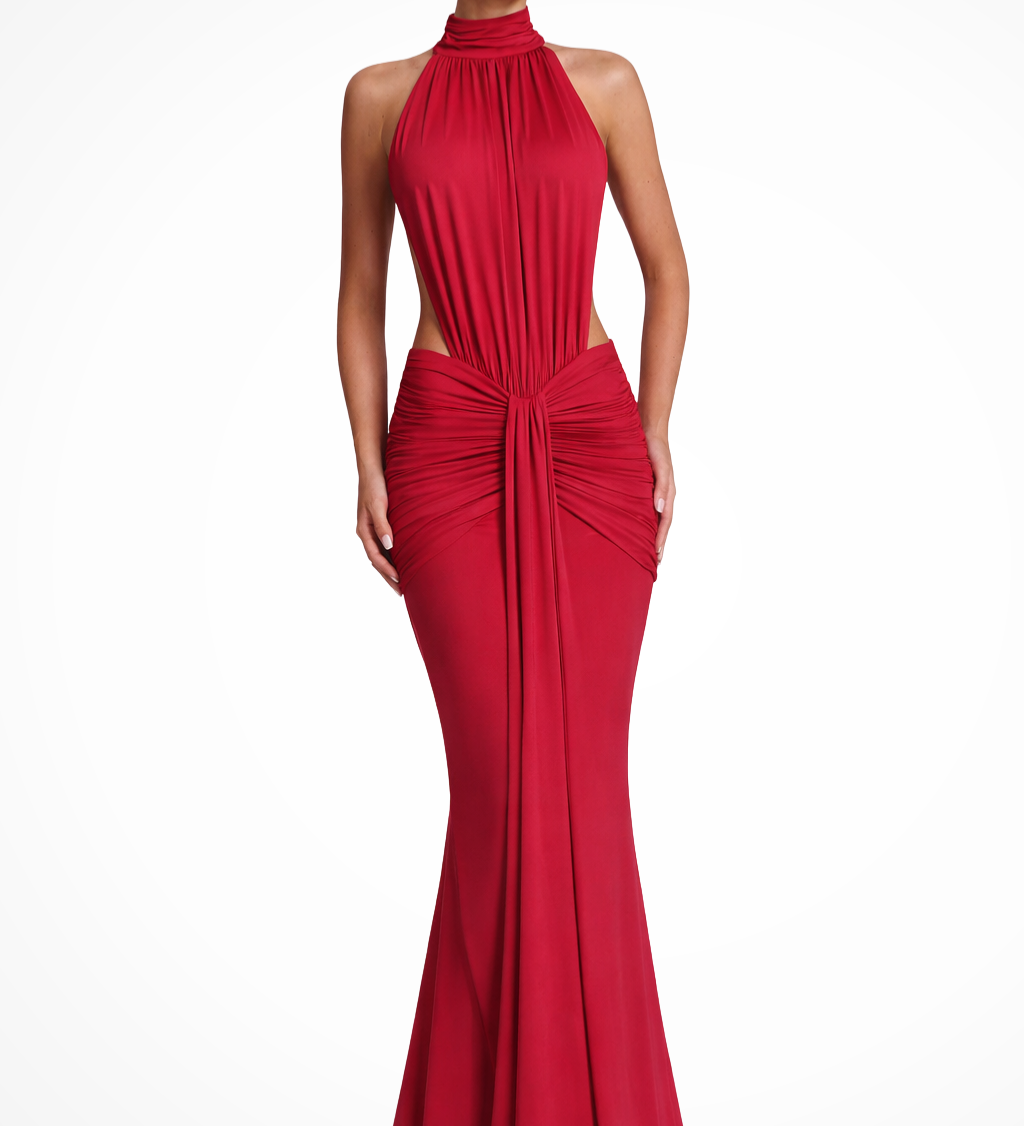 Teodora | Sieviešu haltera kakla bez muguras ruched bodycon kāzu viesu maxi kleita