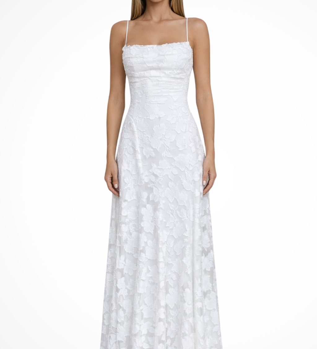 Roze | Sieviešu spageti siksnu, ar mežģīnēm aizmugurē, ziedu žakarda formālais maksi kleita