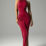 Ravelle | Sieviešu Halter Neck Beikakle Ruched Slit Baby Shower Maxi Kleita