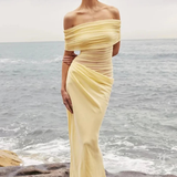 Faith | Sieviešu Off Shoulder Ruched Mesh Bodycon Kāzu Viesu Maxi Kleita
