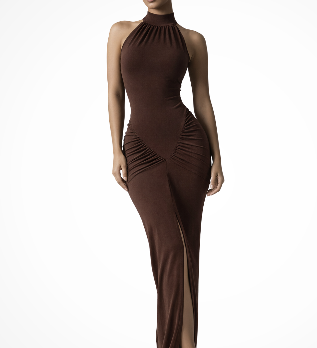 Ravelle | Sieviešu Halter Neck Beikakle Ruched Slit Baby Shower Maxi Kleita