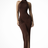 Ravelle | Sieviešu Halter Neck Beikakle Ruched Slit Baby Shower Maxi Kleita