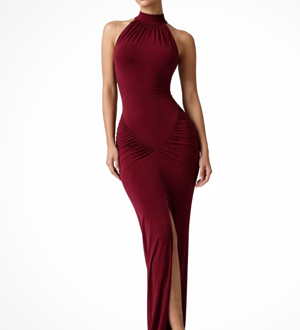 Ravelle | Sieviešu Halter Neck Beikakle Ruched Slit Baby Shower Maxi Kleita