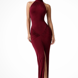 Ravelle | Sieviešu Halter Neck Beikakle Ruched Slit Baby Shower Maxi Kleita