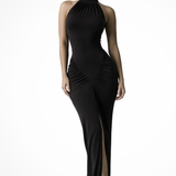 Ravelle | Sieviešu Halter Neck Beikakle Ruched Slit Baby Shower Maxi Kleita