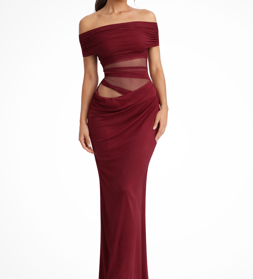 Faith | Sieviešu Off Shoulder Ruched Mesh Bodycon Kāzu Viesu Maxi Kleita