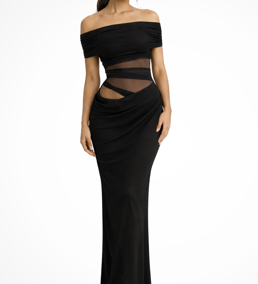 Faith | Sieviešu Off Shoulder Ruched Mesh Bodycon Kāzu Viesu Maxi Kleita