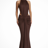 Teodora | Sieviešu haltera kakla bez muguras ruched bodycon kāzu viesu maxi kleita