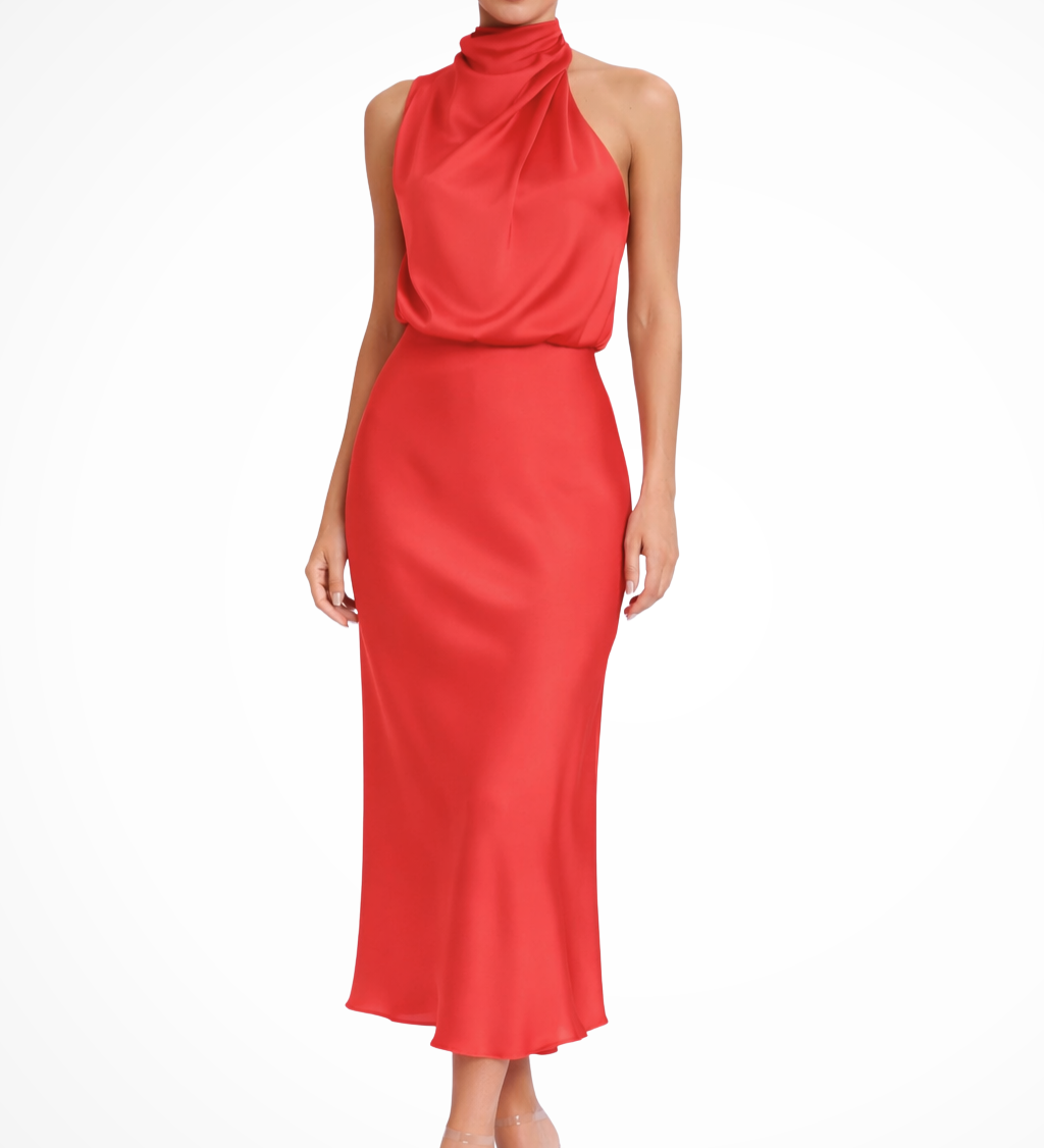 Amelina | Sieviešu Halter Neck Midi Kleita Satīna Kāzu Viesu Kleita
