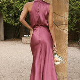 Amelina | Sieviešu Halter Neck Midi Kleita Satīna Kāzu Viesu Kleita