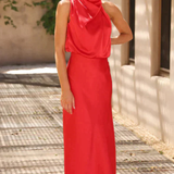 Amelina | Sieviešu Halter Neck Midi Kleita Satīna Kāzu Viesu Kleita