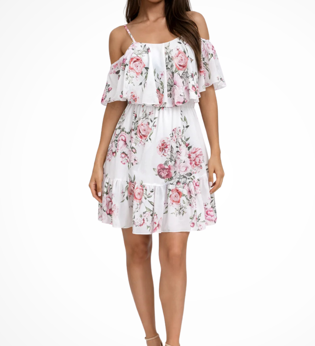 Lila | Sieviešu Off Shoulder Ziedu Šifona Ruffles Mini Boho Kleita